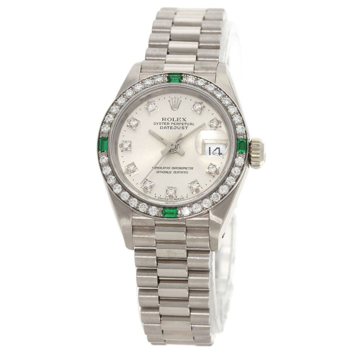 Pre-Owned Rolex 69079G Datejust Diamond and Emerald Watch in 18K White Gold/18KWG with Diamonds, Women's