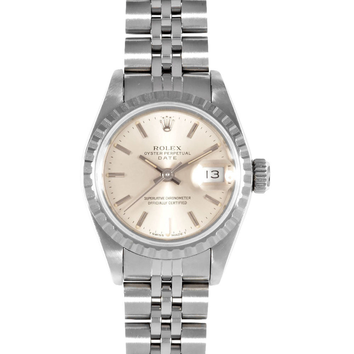 Pre-Owned Rolex ROLEX 69240 Oyster Perpetual Date Watch Automatic Silver Dial Engraved Bezel Ladies