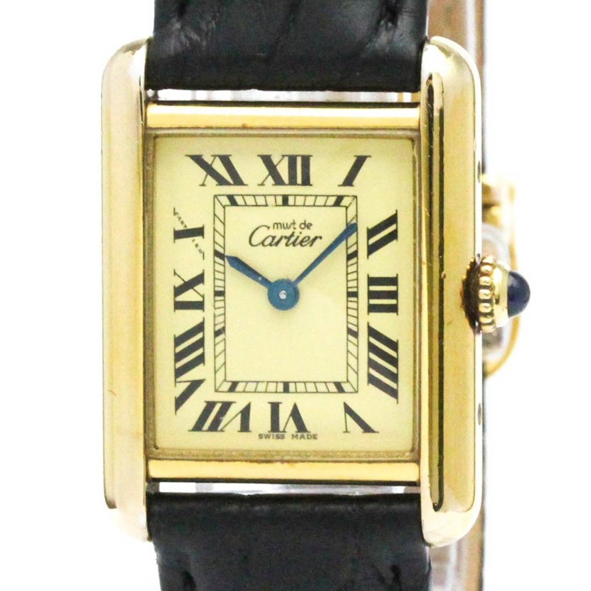 Montre femme CARTIER Must Tank d'occasion à quartz en cuir plaqué or W1003154