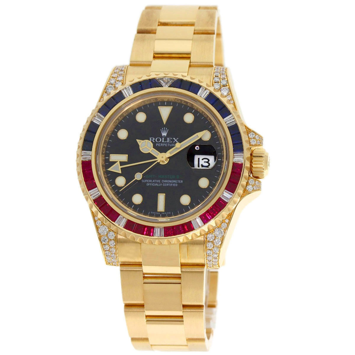 Pre-Owned Rolex 116758SARU GMT-Master II Baguette Diamond, Ruby, and Sapphire Watch in 18K Yellow Gold (18KYG) Men's