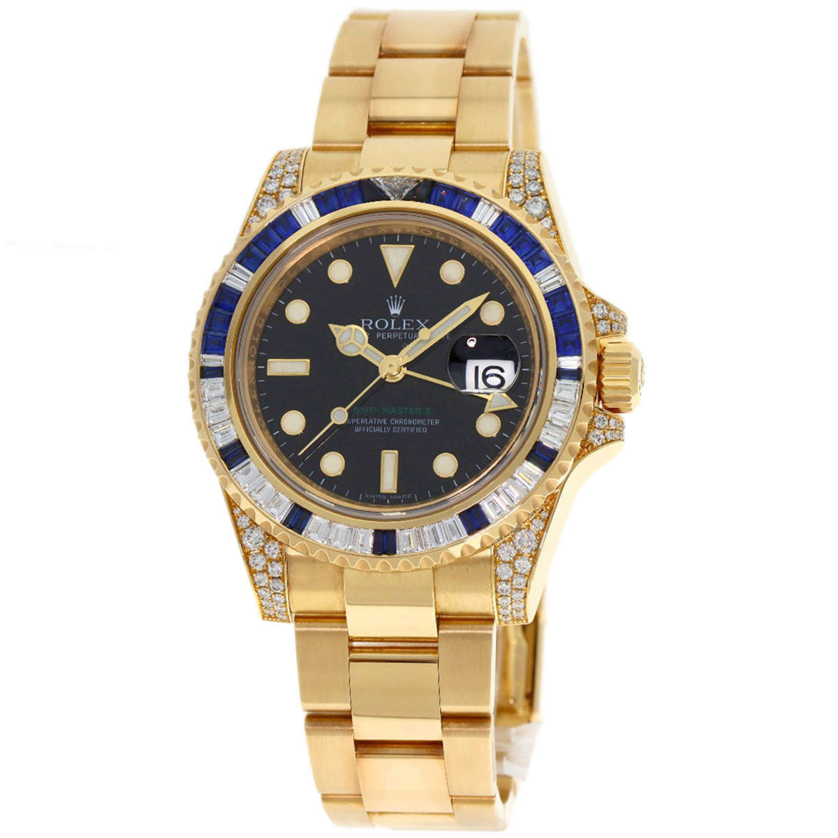 Pre-Owned Rolex 116758SA GMT-Master II Baguette Diamond and Sapphire Watch in 18K Yellow Gold (18KYG) Men's