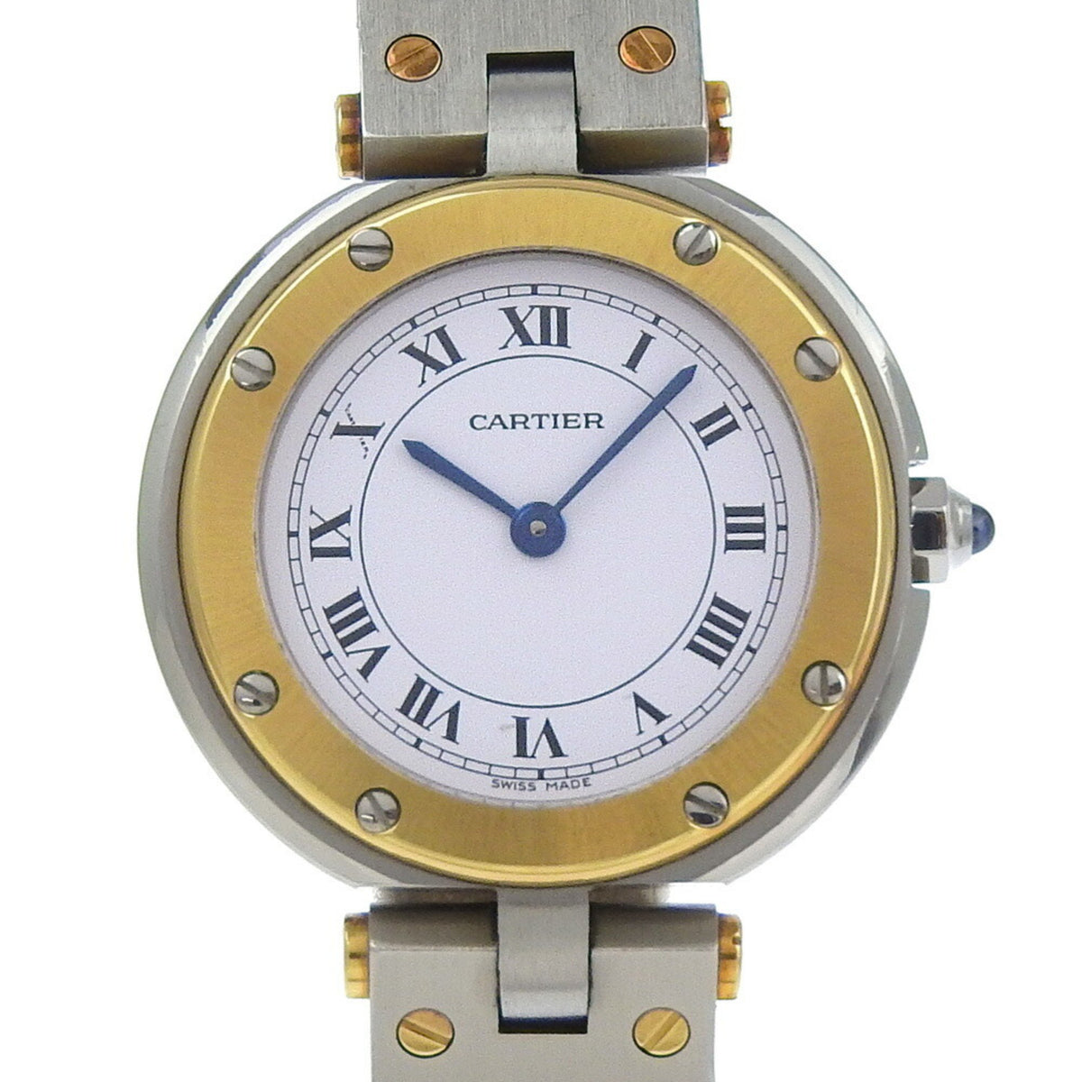 Pre-Owned Cartier Santos Round SM Watch, caliber 81, 84038288, stainless steel with yellow gold quartz movement, analog display, white dial, for women.