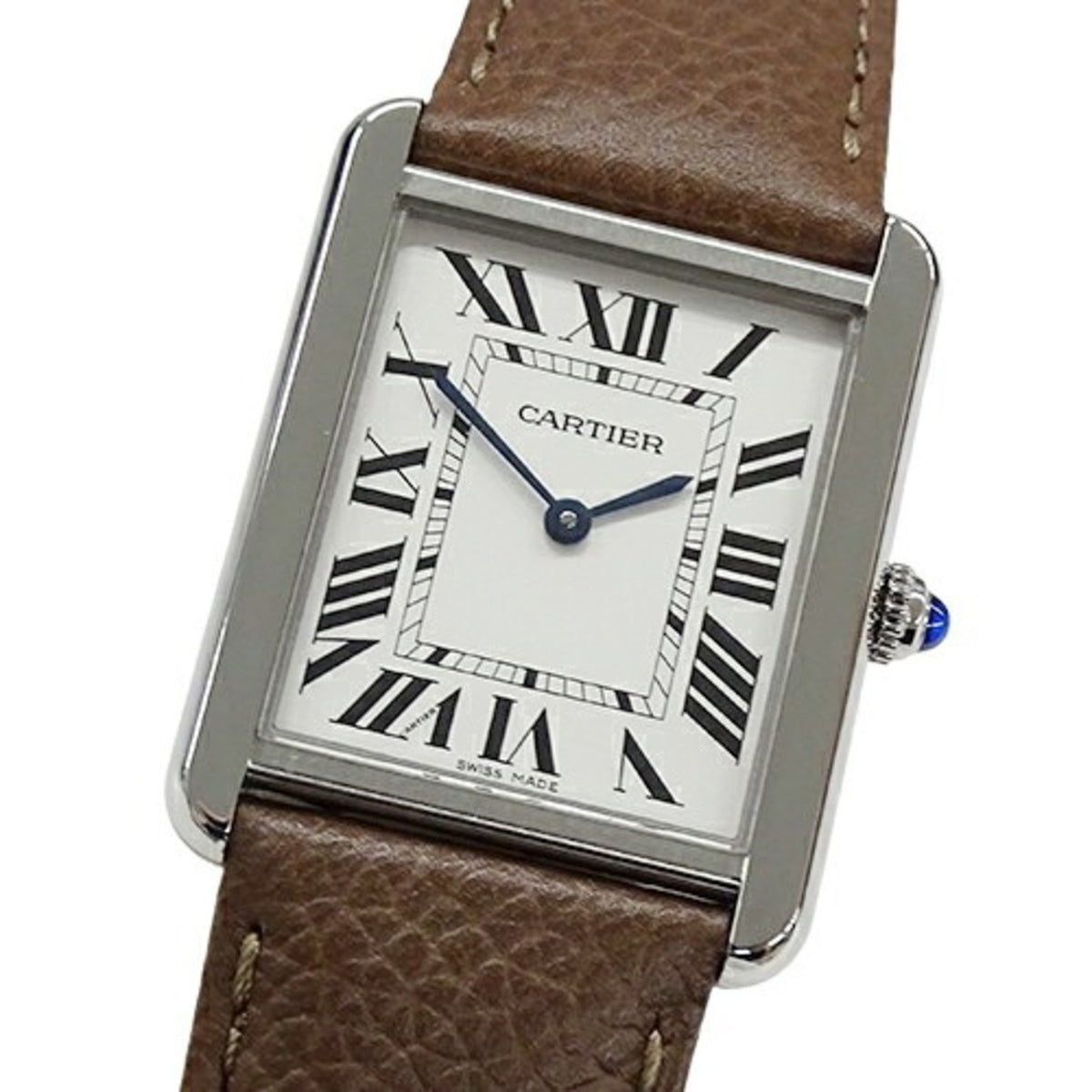 Montre homme Cartier Tank Solo LM d'occasion, quartz, acier inoxydable, cuir, WSTA0028, argent, marron, carrée, polie