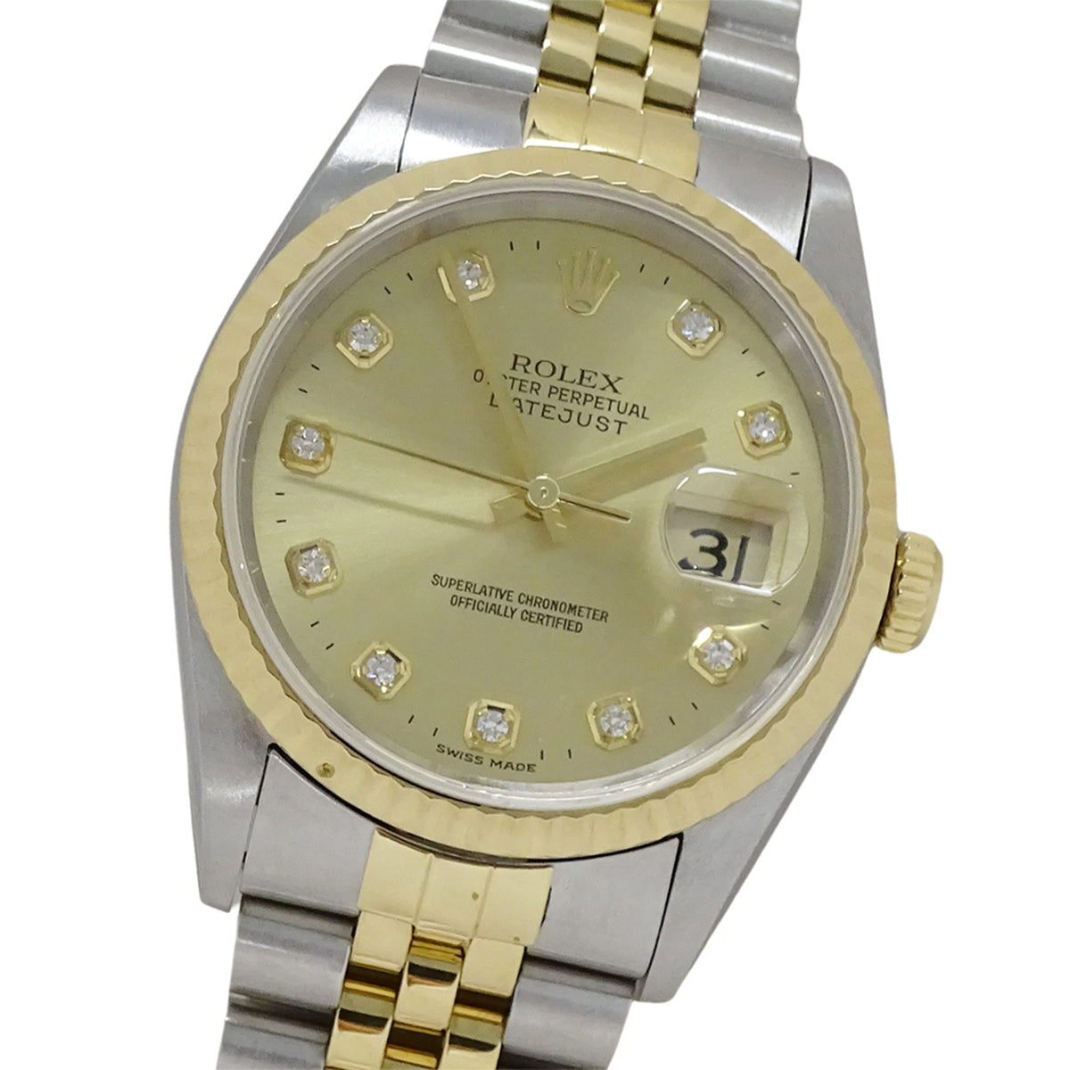 Pre-Owned Rolex Datejust 16233G W-number Men's Watch, 10 Diamonds, Automatic, Stainless Steel, Gold, Yellow Polished