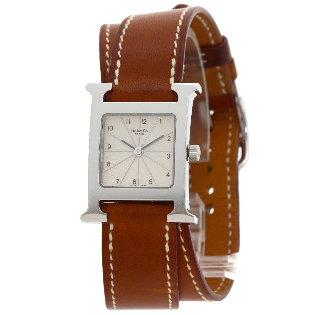 Montre-bracelet Hermes HH1.210 H d'occasion, double tour, acier inoxydable, cuir, pour femme.