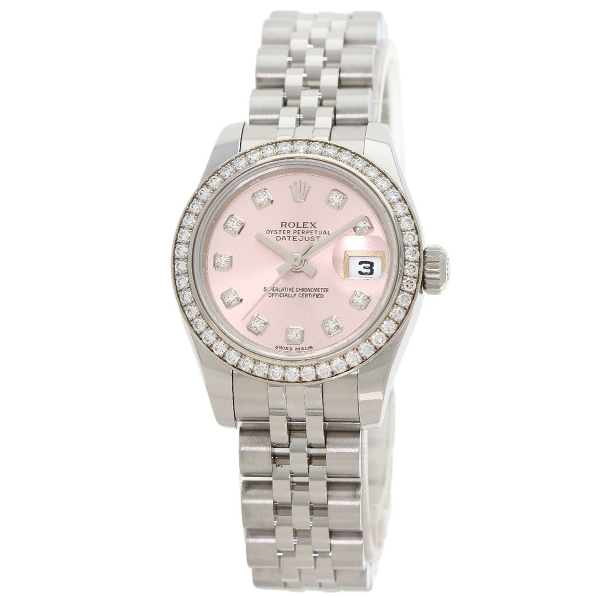 Pre-Owned Rolex 179384G Datejust 10P Bezel Diamond Watch Stainless Steel SS K18WG Ladies