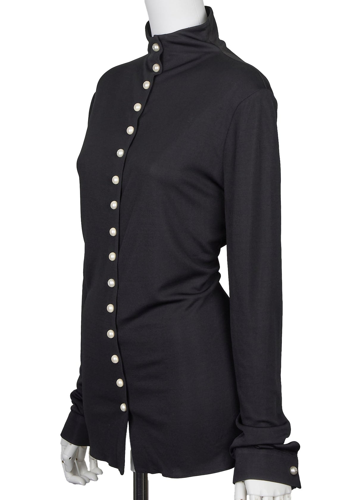 Pre-Owned Long Sleeve T-Shirt, High Neck, Cut-and-Sew, Silk Blend, Black, Silver-Tone Hardware, Pre-Owned