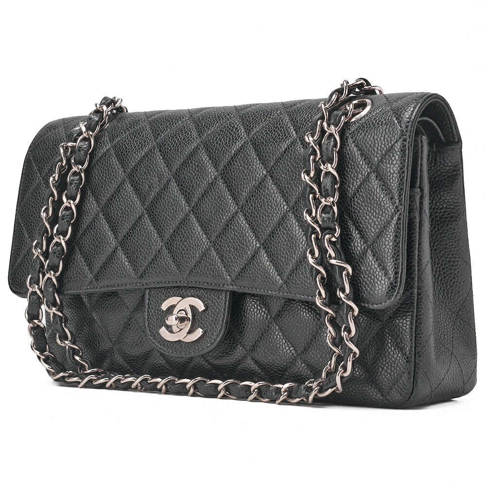 Sac à bandoulière Matlasse à double rabat, 25 cm, en cuir caviar, noir, métal argenté, d'occasion