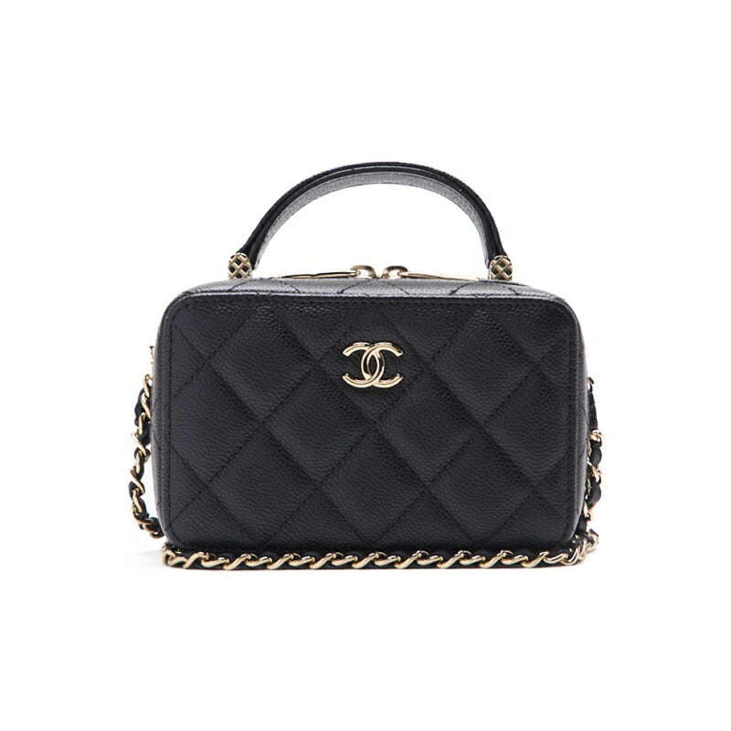 Mini sac à main d'occasion 2 voies matelassé, bandoulière chaîne, cuir caviar, noir, matériel doré, d'occasion