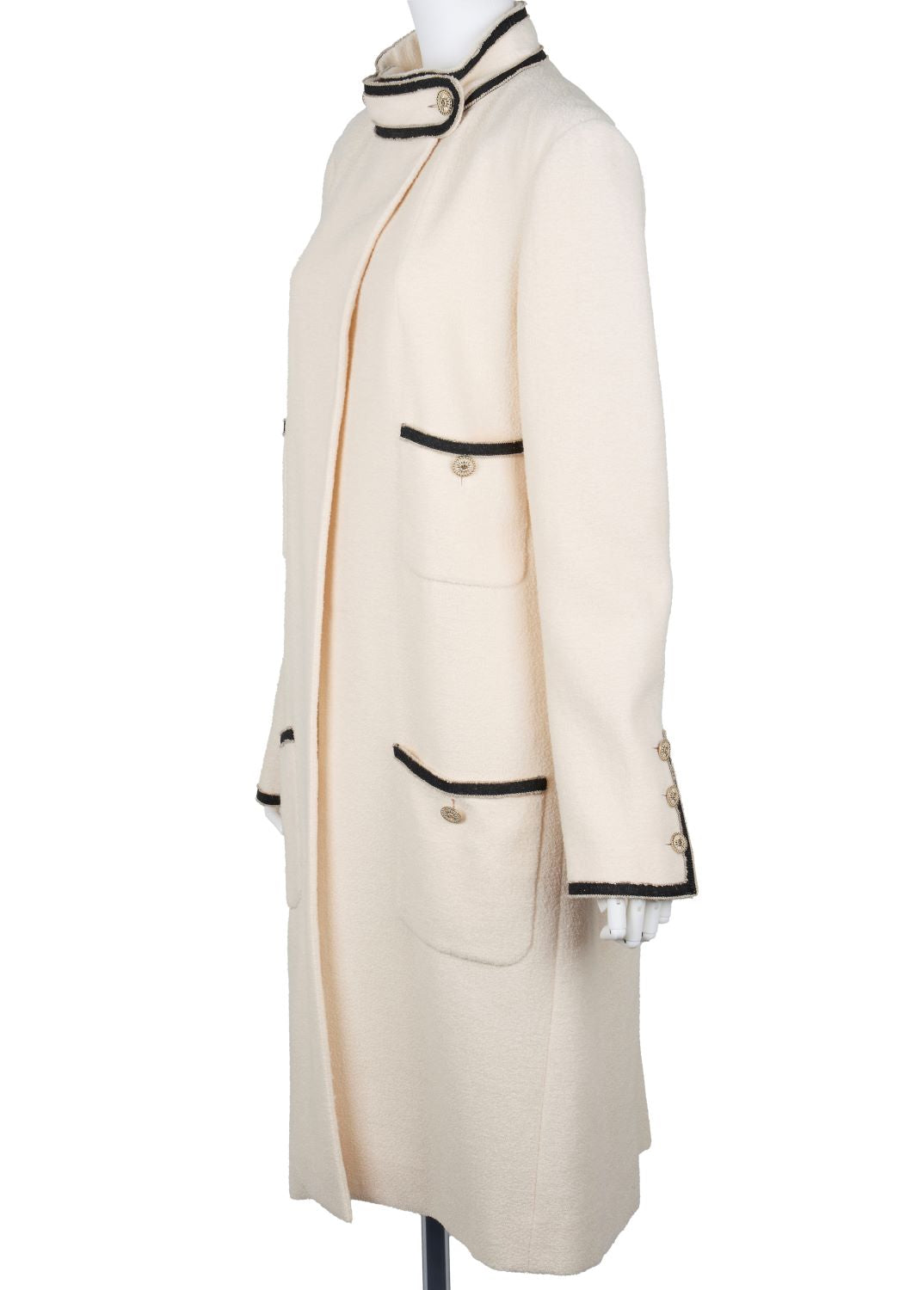 Pre-Owned Long Coat, Coco Button, Wool Nylon Silk Blend, Ivory, Gold-Tone Hardware, Pre-Owned