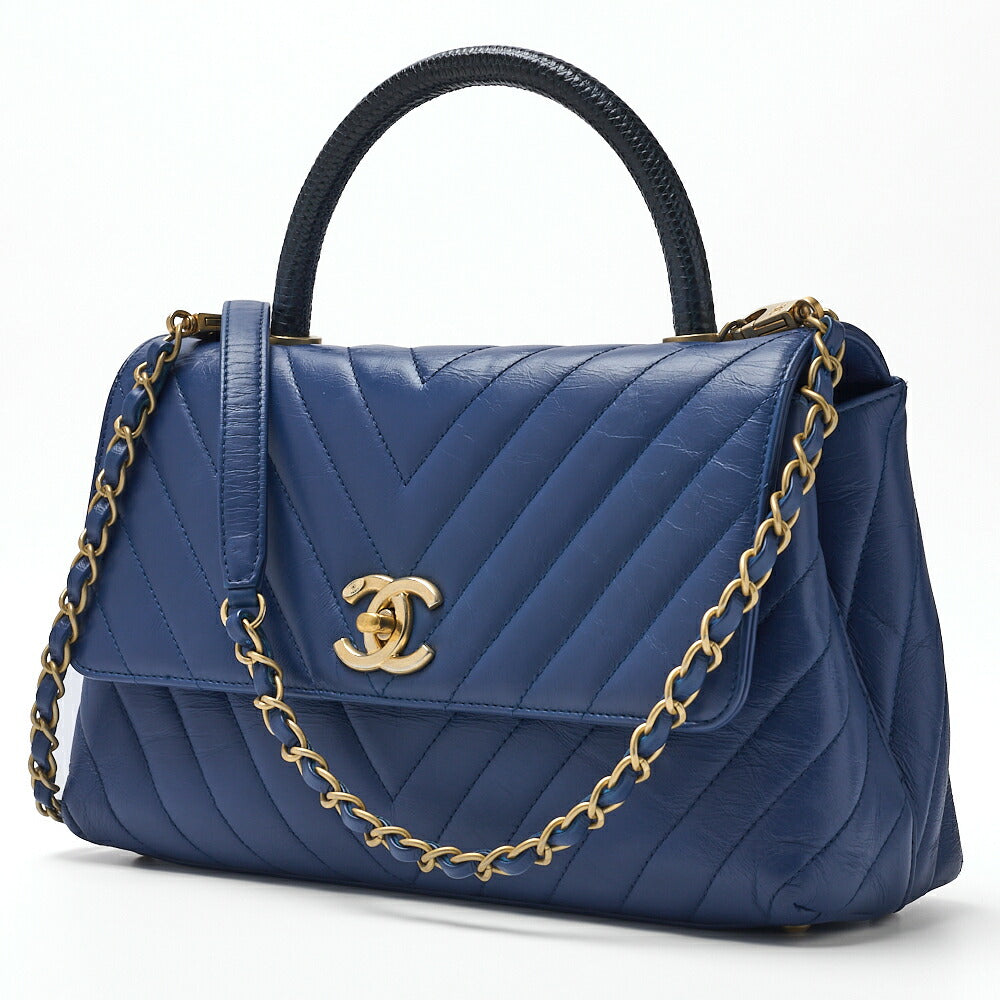 Pre-Owned 2WAY Handbag V Stitch Coco Handle Calf Blue Gold-Tone Hardware Pre-Owned