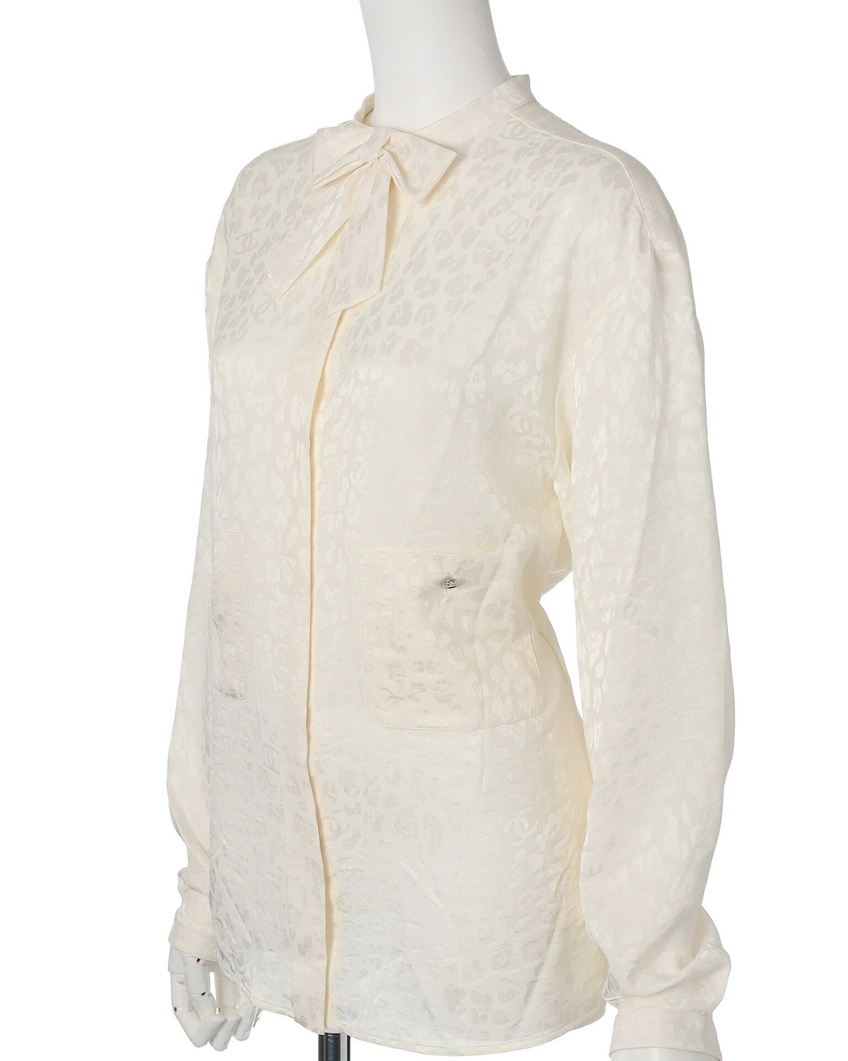 Pre-Owned Blouse, Long Sleeve, Leopard Ribbon, Silk, Ivory, Gold-Tone Hardware, Pre-Owned