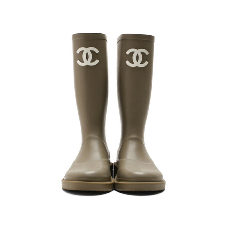 Pre-Owned Rain Boots, Coco Mark, Rubber, Khaki, Gold-Tone Hardware, Pre-Owned
