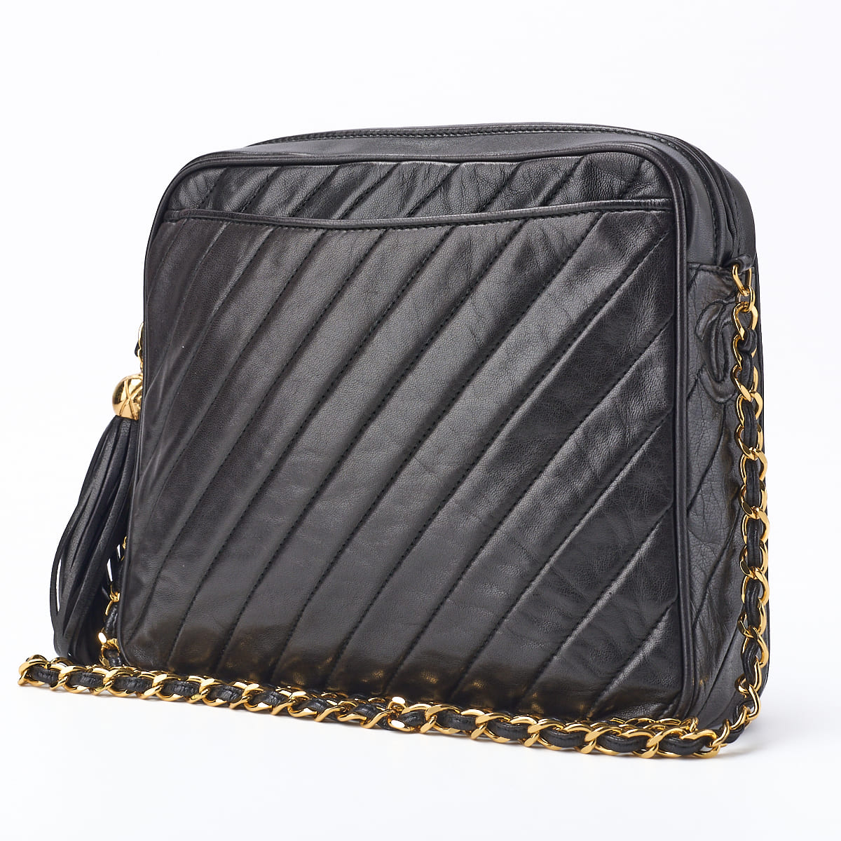 Pre-Owned Shoulder Bag, Bias Stitch, Coco Mark, Lambskin, Black, Gold-Tone Hardware, Pre-Owned