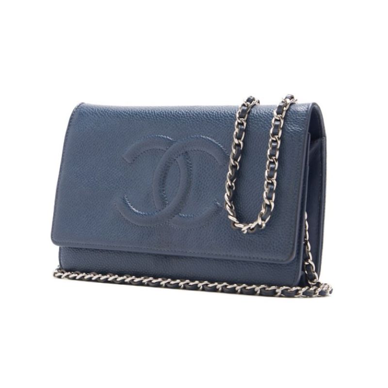Pre-Owned Chain Wallet, Coco Mark, Folding, Caviar Skin, Navy, Gold-Tone Hardware, Pre-Owned