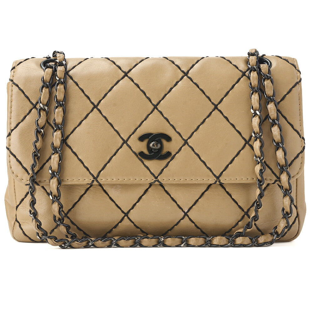Sac bandoulière d'occasion, matelassé Wild Stitch, cuir de veau, beige, garnitures noires, accessoires dorés, d'occasion