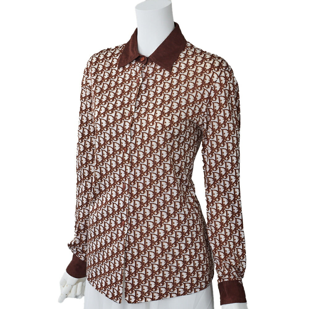 Pre-Owned Trotter Shirt Blouse Long Sleeve Cotton White Brown Gold-Tone Hardware Pre-Owned