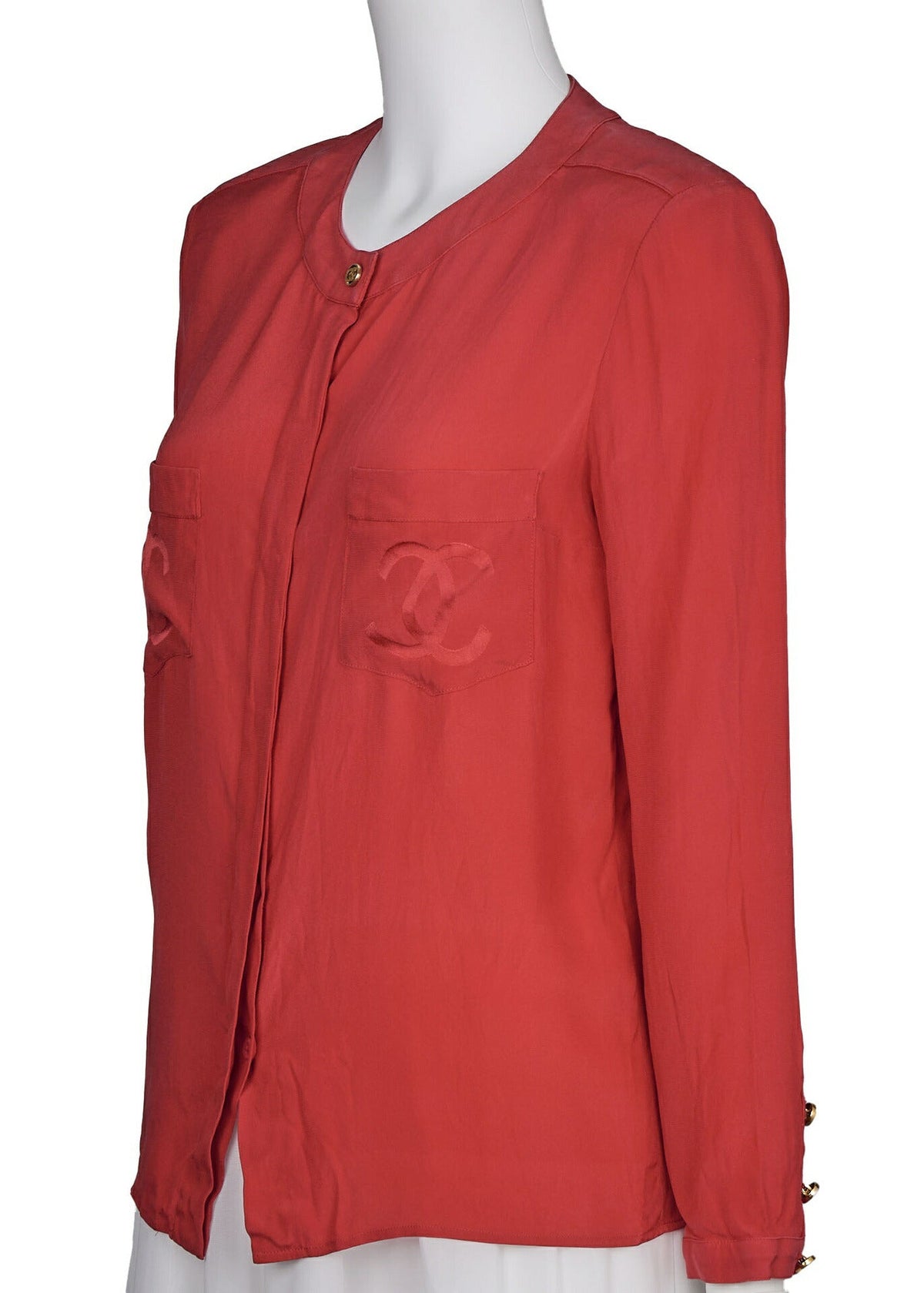 Pre-Owned Blouse Shirt Long Sleeve, Coco Mark, Red, Pre-Owned