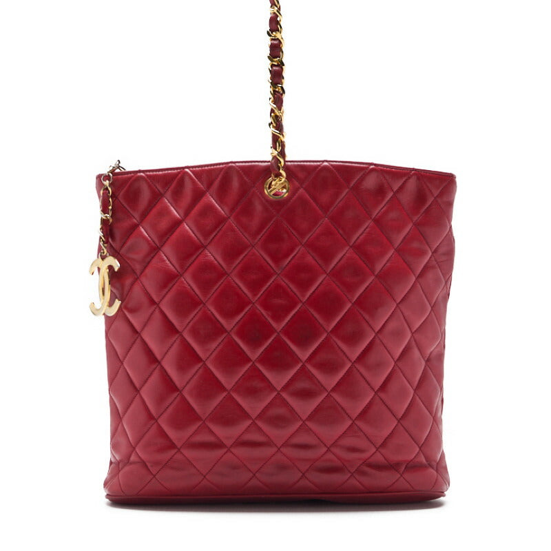 Mini sac Boston d'occasion, matelassé, bandoulière chaîne, cuir d'agneau, rouge, finitions dorées, d'occasion