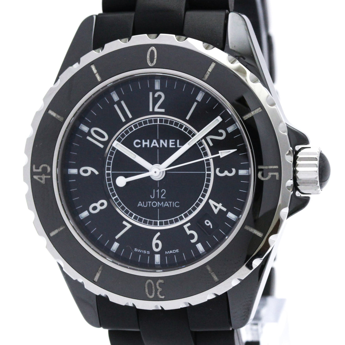 Pre-Owned CHANEL J12 Ceramic Rubber Automatic Mens Watch H0684 Polished