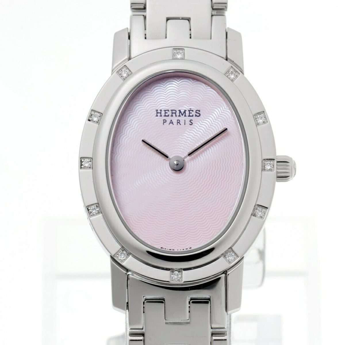 Pre-Owned Hermes Clipper Oval Nacre CO1.230 12P Diamond Bezel Pink Shell Quartz