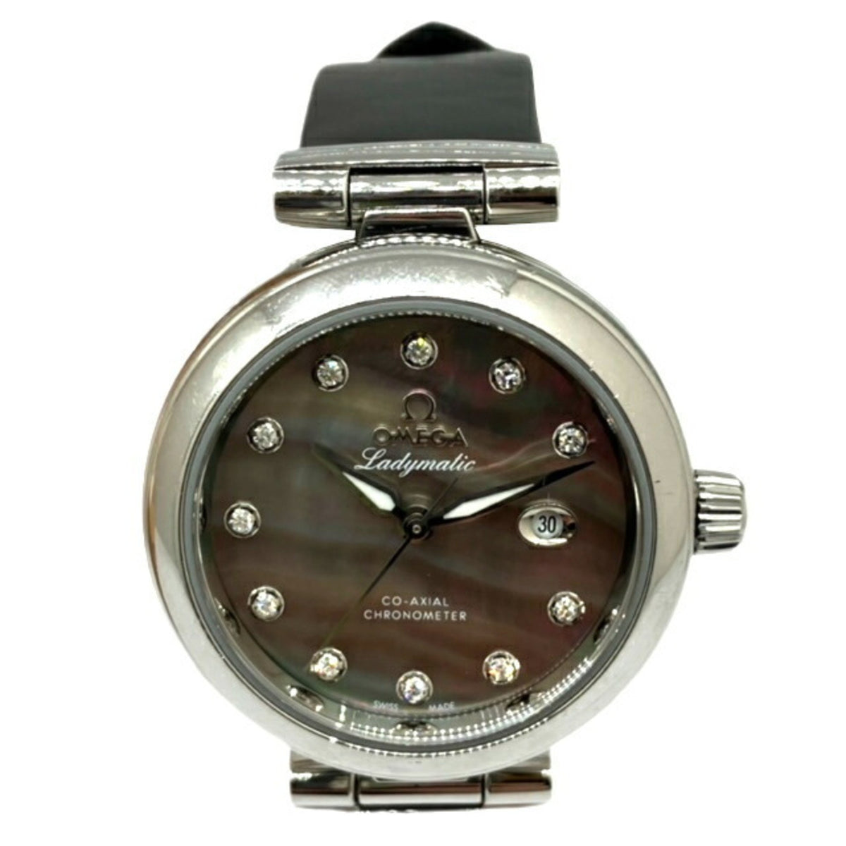 Pre-Owned OMEGA Omega De Ville Ladymatic SS 425.32.34 Watch Automatic Shell Dial 12P Diamond See-Through Back Skeleton Black Leather Fashion Ladies