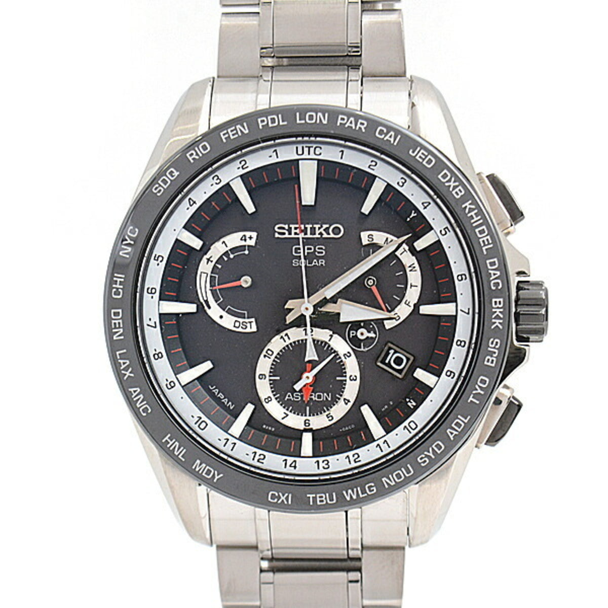 Montre Seiko Astron pour homme d'occasion, double fuseau horaire, solaire, GPS, cadran noir, acier inoxydable, céramique, SEIKO SBXB051 8X53-0AD0-2 