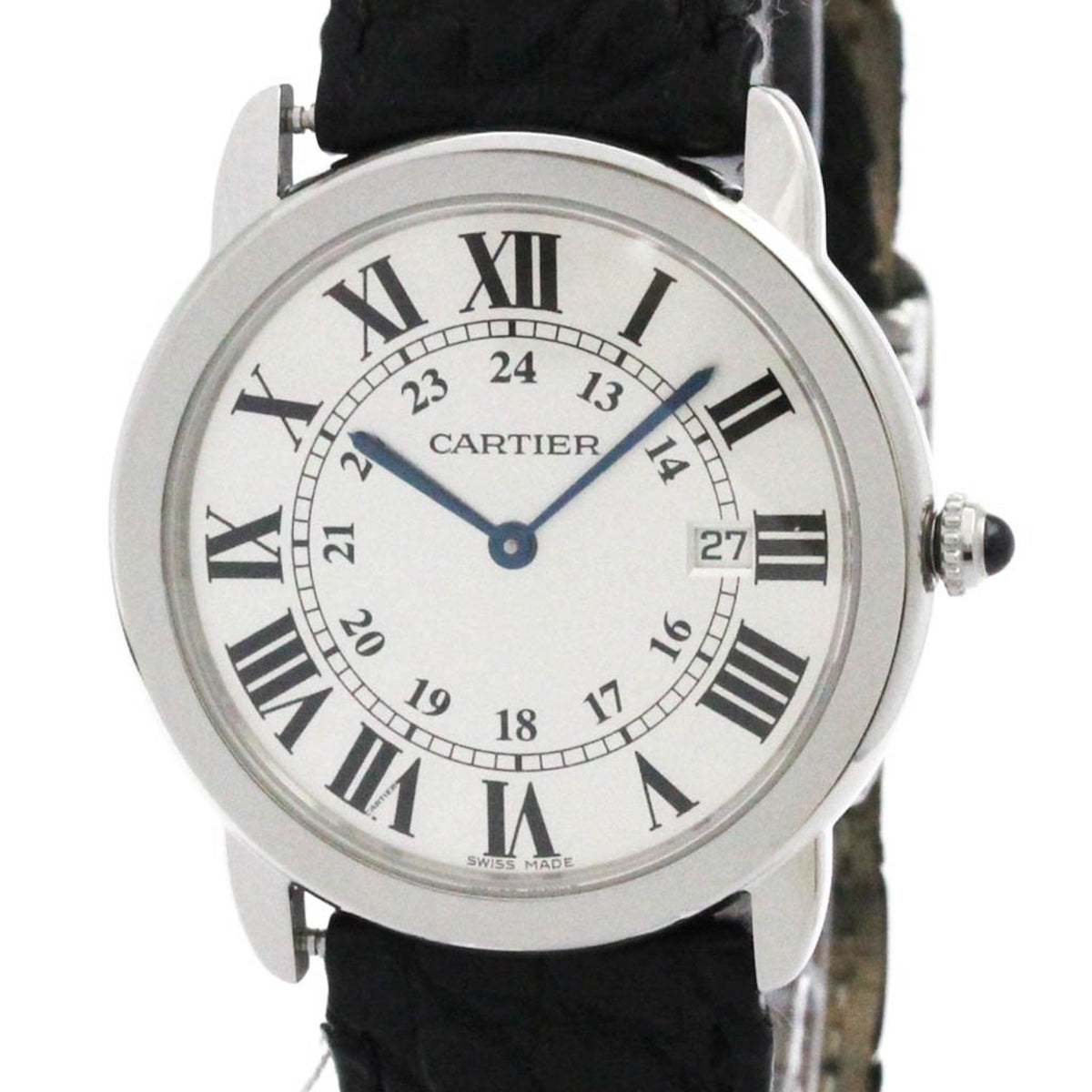 Pre-Owned CARTIER Ronde Solo LM Steel Leather Quartz Mens Watch W6700255 Polished