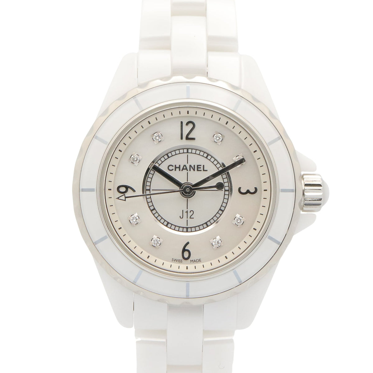 Pre-Owned Chanel J12 8-Diamond Watch, Ceramic, Diamond, Ladies, White/White Shell, H2570