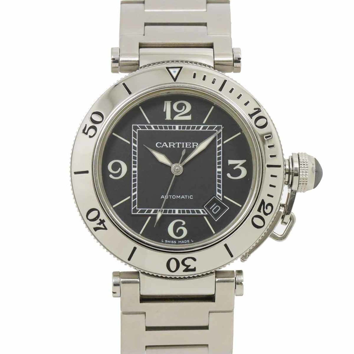 Gebrauchte Cartier Pasha Seatimer W31077M7 Herrenuhr Datum Schwarz Automatik Selbstaufzug 