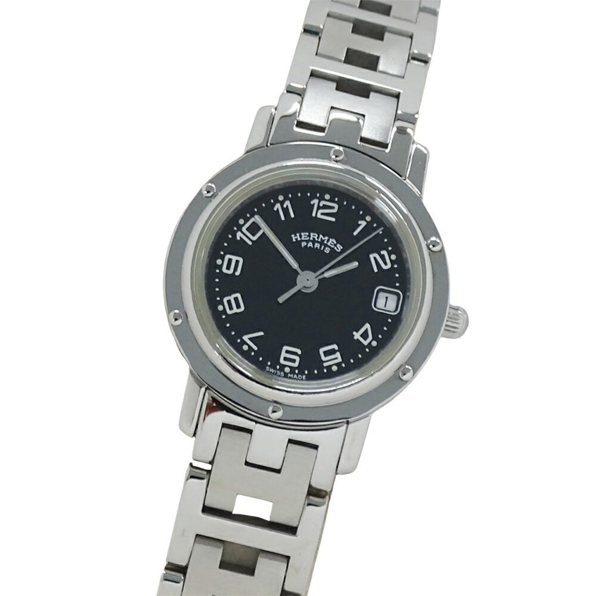 Pre-Owned Hermes HERMES Watch Ladies Clipper Date Quartz Stainless Steel SS CL4.210 Silver Black Polished