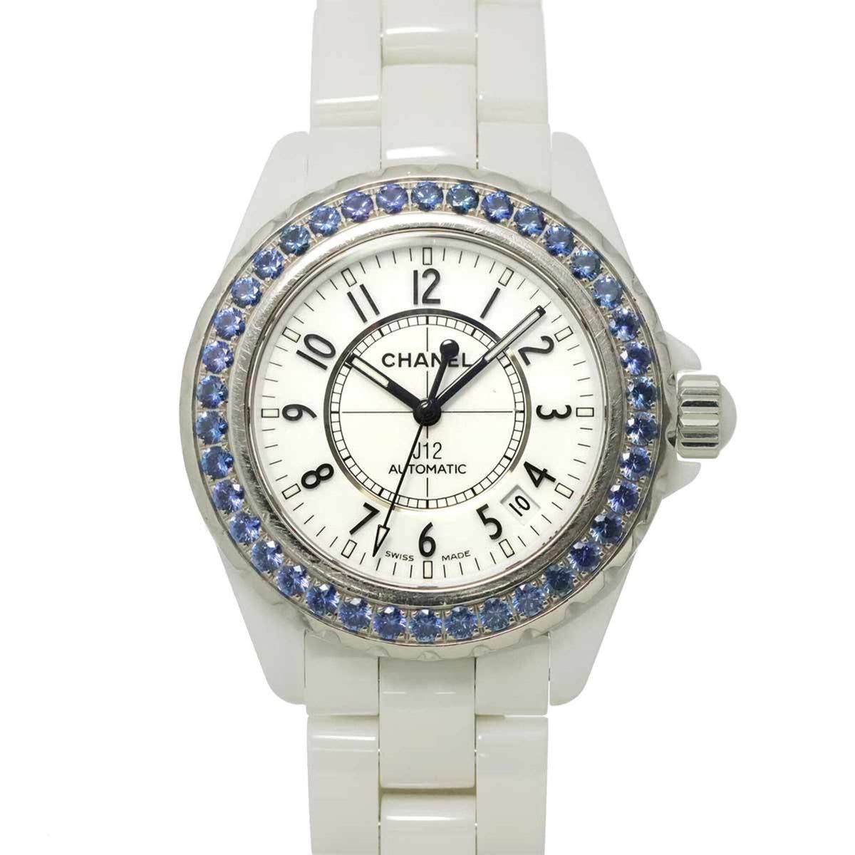 Pre-Owned Chanel J12 H1180 Blue Sapphire Bezel Men's Watch White Ceramic Date Automatic