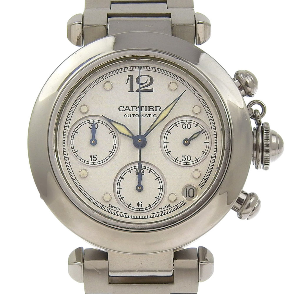 Pre-Owned Cartier Pasha C Chronograph Watch, Cal. 047, W31039M7, Stainless Steel, Automatic, Analog Display, White Dial, Men's
