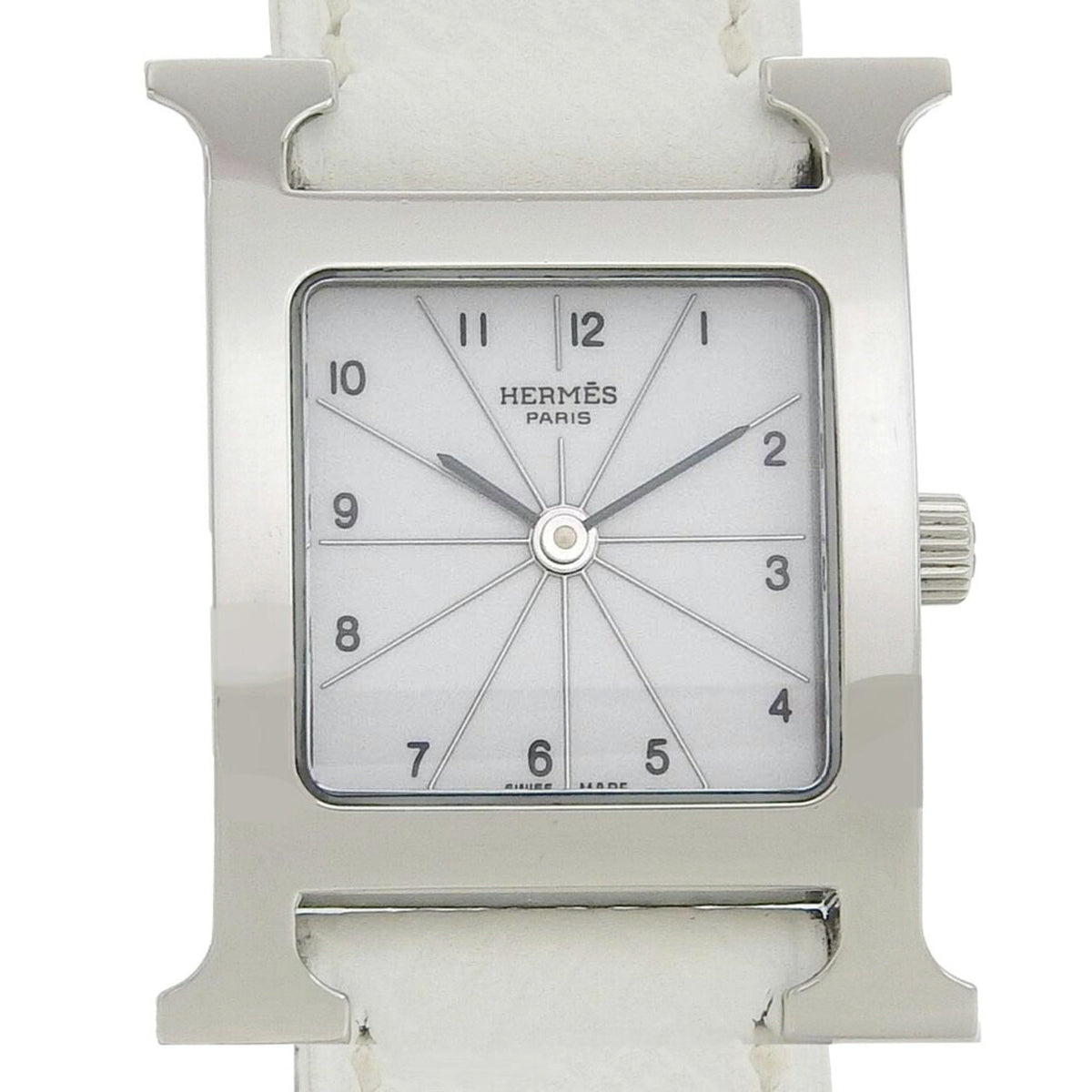 Montre-bracelet Hermes HERMES H d'occasion HH1.210 en acier inoxydable x cuir 2005 à quartz, affichage analogique, cadran blanc pour femme 