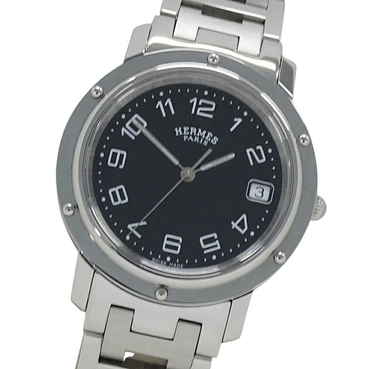 Pre-Owned Hermes HERMES Watch Men's Clipper Date Quartz Stainless Steel SS CL6.710 Silver Black Polished
