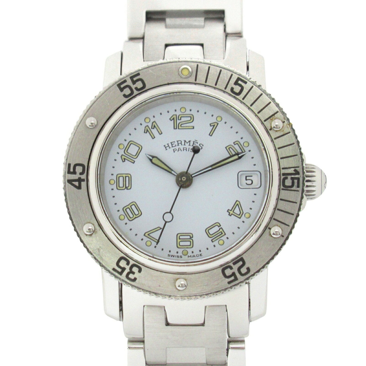 Pre-Owned Hermes Clipper Diver Watch Stainless Steel Ladies White CL5.210