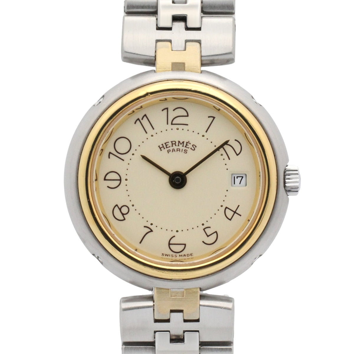 Pre-Owned Hermes Profile Wristwatch, Gold Plated (GP), Stainless Steel, Women's, Ivory, Unknown