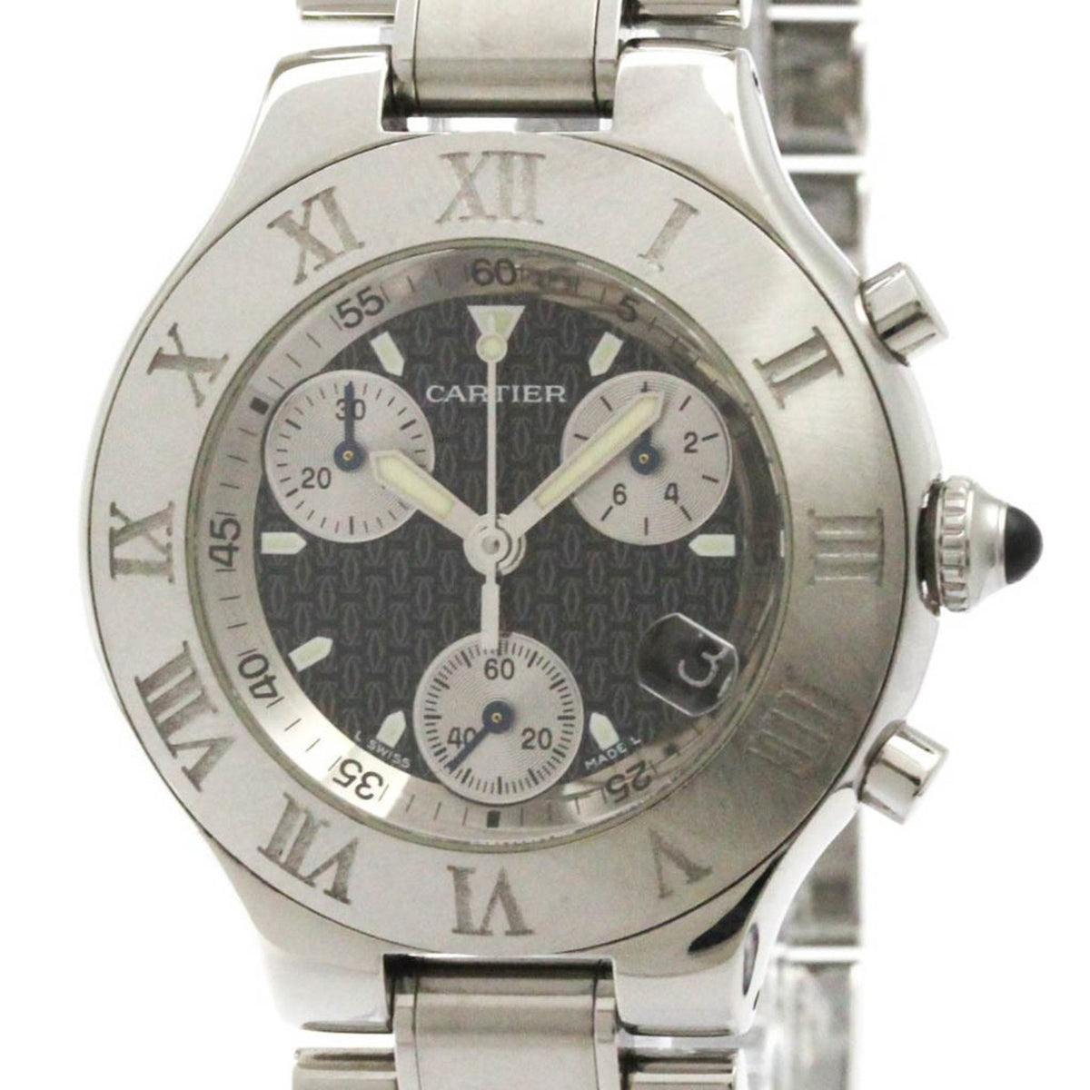 Gebrauchte CARTIER Must 21 Chronoscaph Stahl Quarz Herrenuhr W10172T2 Poliert 
