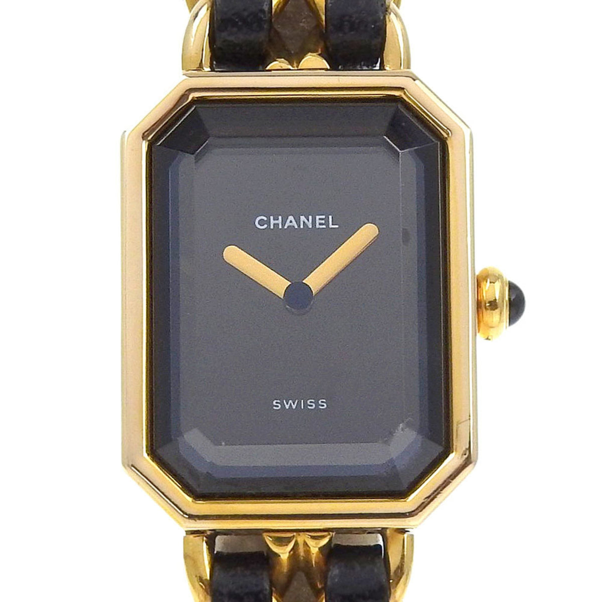 Pre-Owned CHANEL Premiere L Women's Watch, Gold-Plated Leather Strap, Quartz Movement, Analog Display, Black Dial