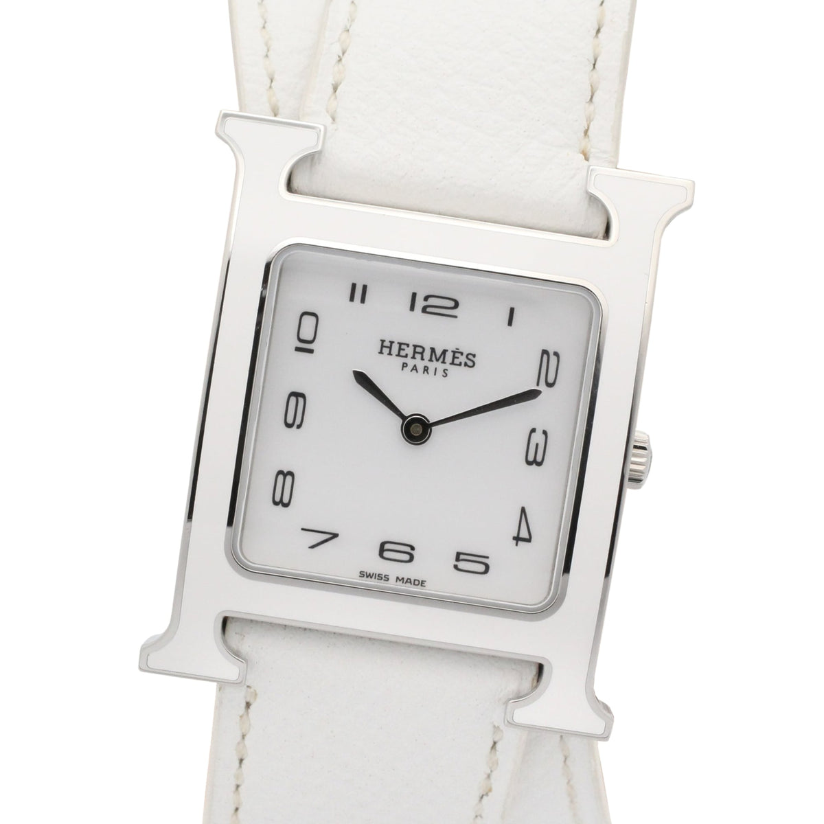 Pre-Owned Hermes H-Watch Double Tour Wristwatch, Stainless Steel, Leather Strap, Women's, White (HH1.520)