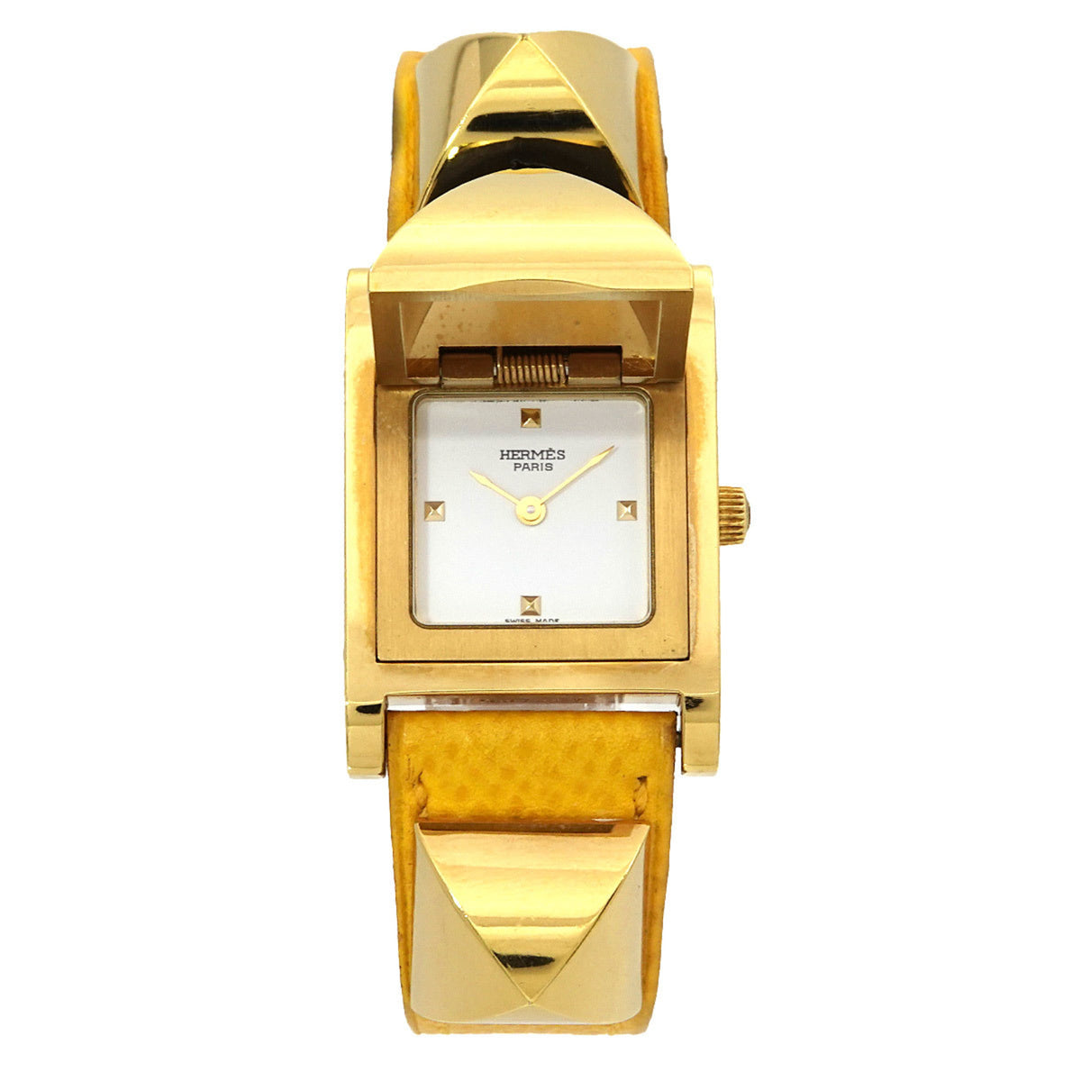 Pre-Owned Herm?s Medor Women's Pyramid Gold Stud Watch in White and Yellow Leather with Quartz Movement