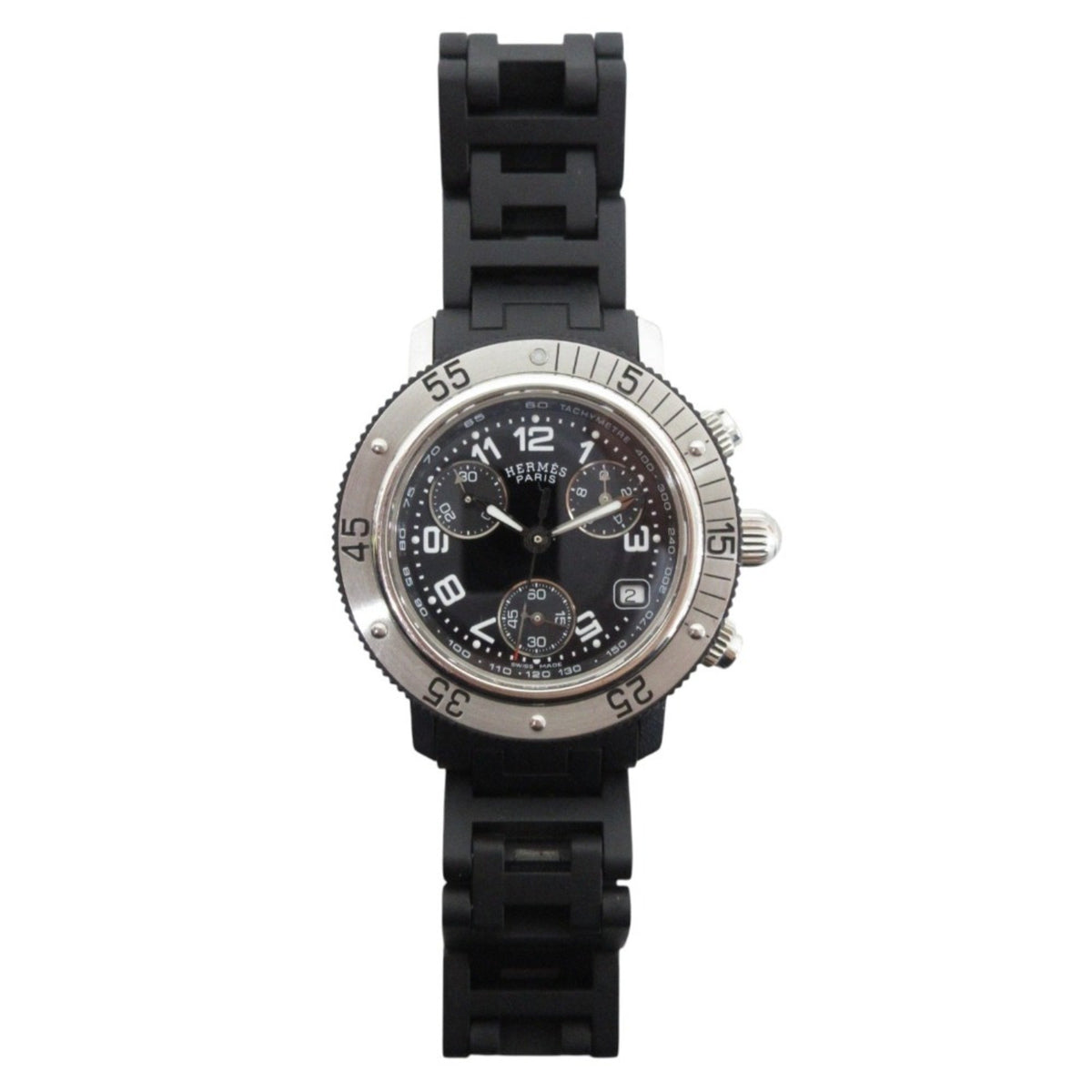 Pre-Owned HERMES Clipper Diver Chronograph Quartz Watch CL2.315 Black Silver Women's