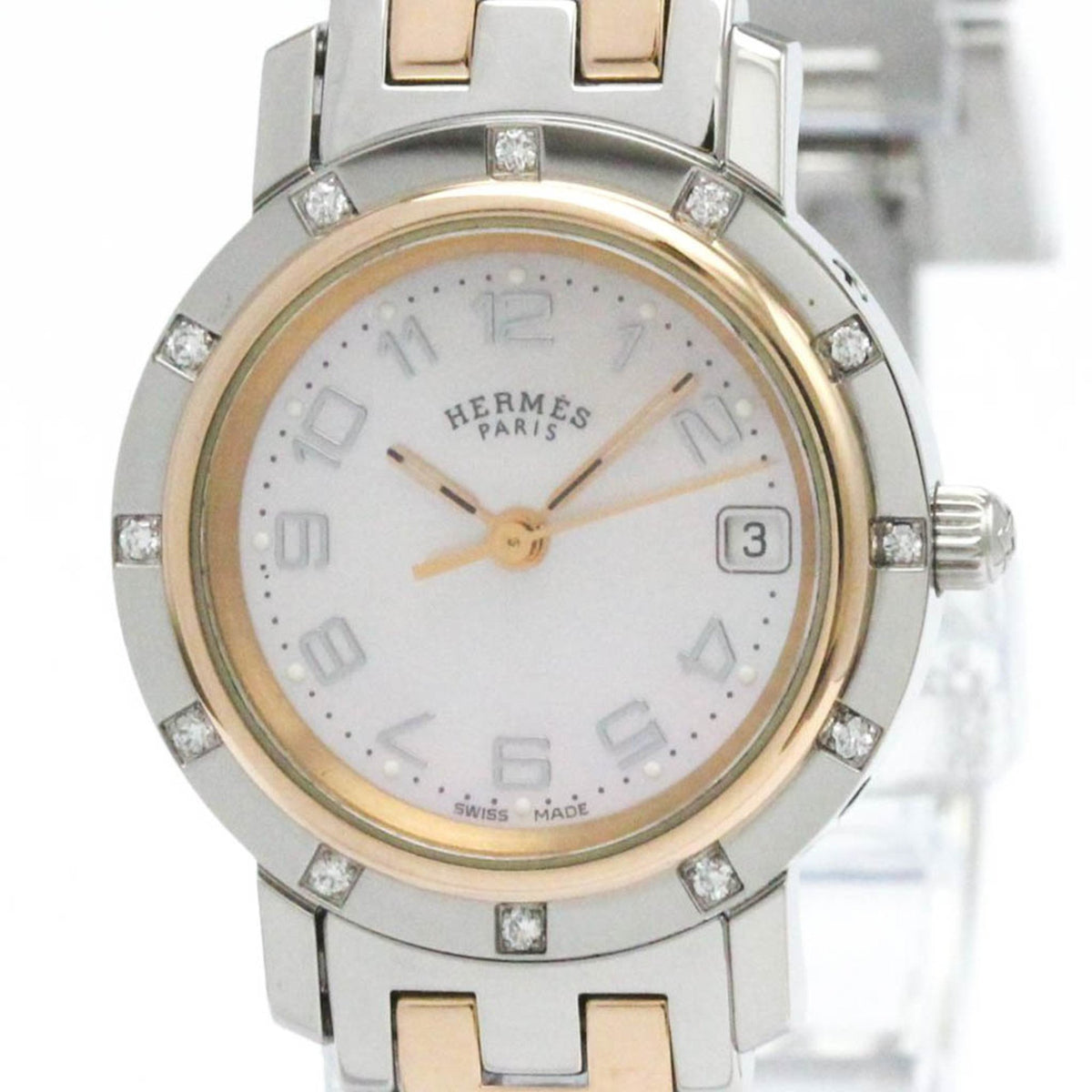 Pre-Owned HERMES Clipper Diamond Pink MOP Dial Quartz Watch CL4.222 Polished