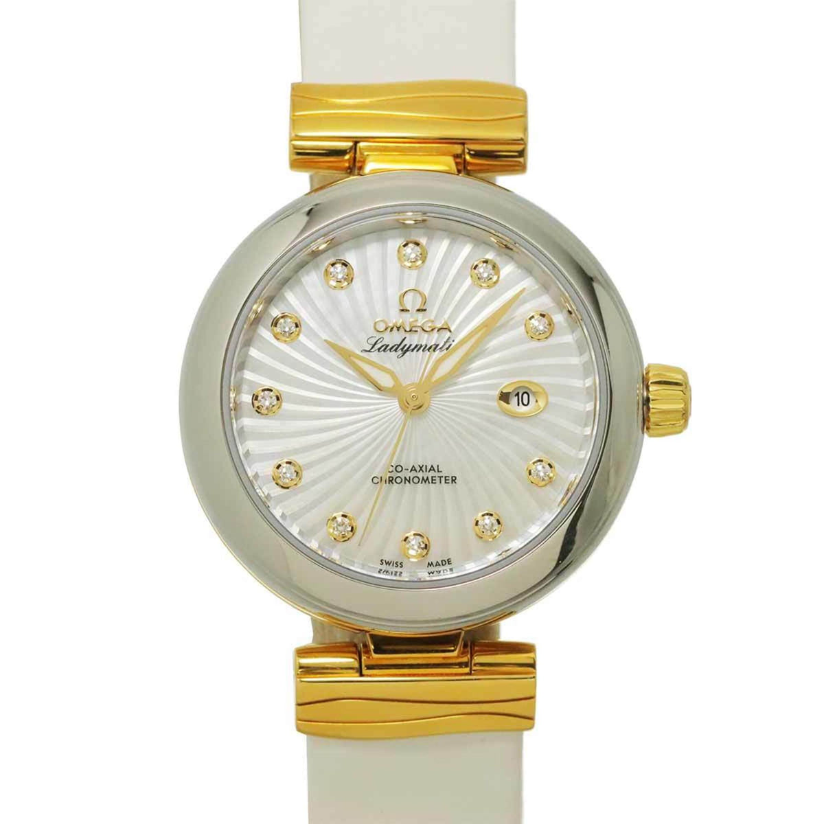 Pre-Owned Omega De Ville Ladymatic Co-Axial Combination 425 22 34 20 55 002 Ladies' Watch 11P Diamond Date White Shell 18K Yellow Gold Automatic