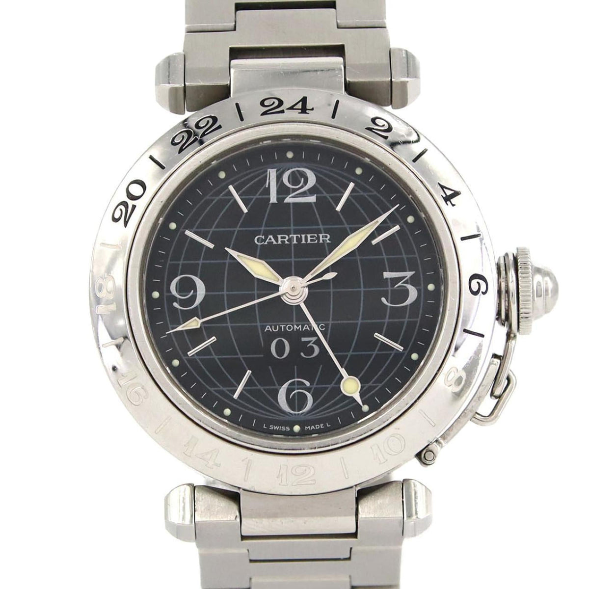 Pre-Owned Cartier Pasha C GMT Grande Date W31049M7 Stainless Steel Automatic Watch
