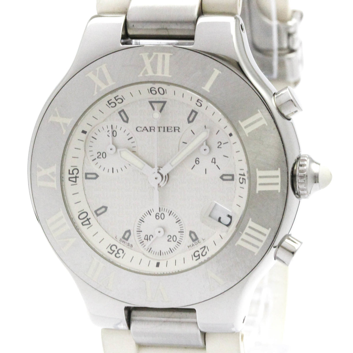 Pre-Owned CARTIER Must 21 Chronoscaph Steel Rubber Mens Watch W10184U2 Polished