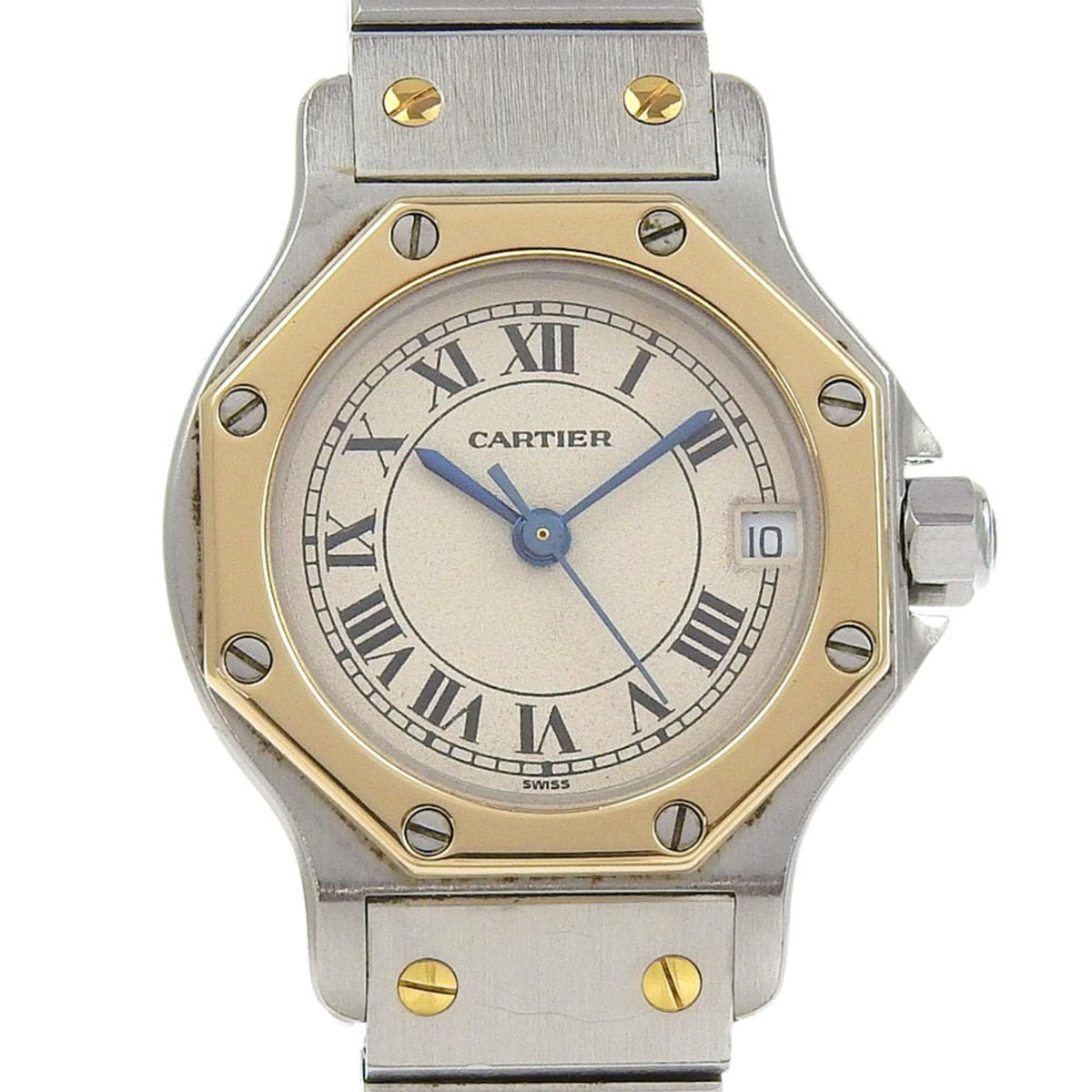Pre-Owned Cartier Santos Octagon SM Watch, cal. 87, Stainless Steel with Yellow Gold Quartz Movement, Analog Display, White Dial, Women's