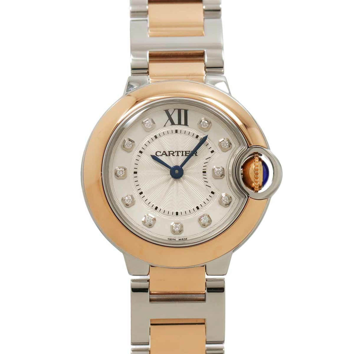 Pre-Owned Cartier Ballon Bleu 28mm Two-tone Women's Watch (W3BB0005) with 11 Diamonds, Silver, 18K Pink Gold, and Quartz Movement