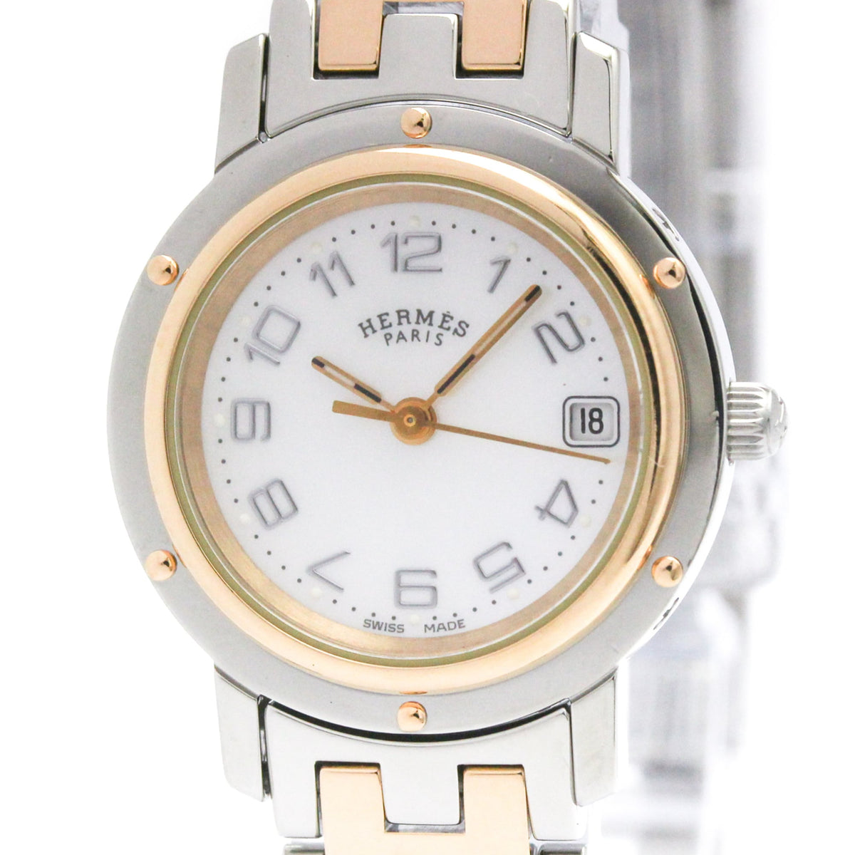 Pre-Owned HERMES Clipper MOP Dial Pink Gold Plated Steel Watch CL4.221 Polished