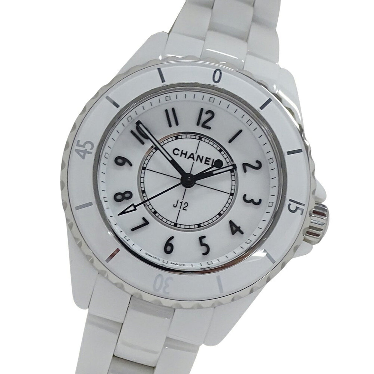 Montre CHANEL d'occasion pour femme, J12, quartz, acier inoxydable, céramique blanche, H5698, blanc, poli 